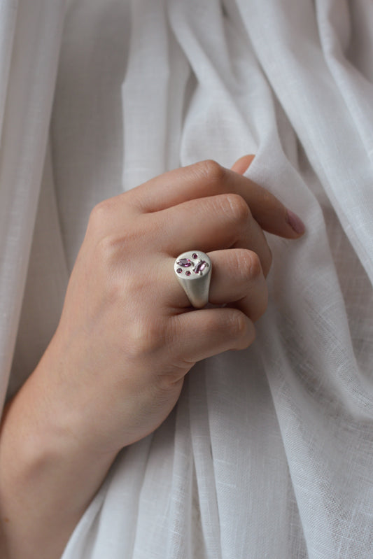 Hand wearing a brushed signet ring encrusted with pink gemstones